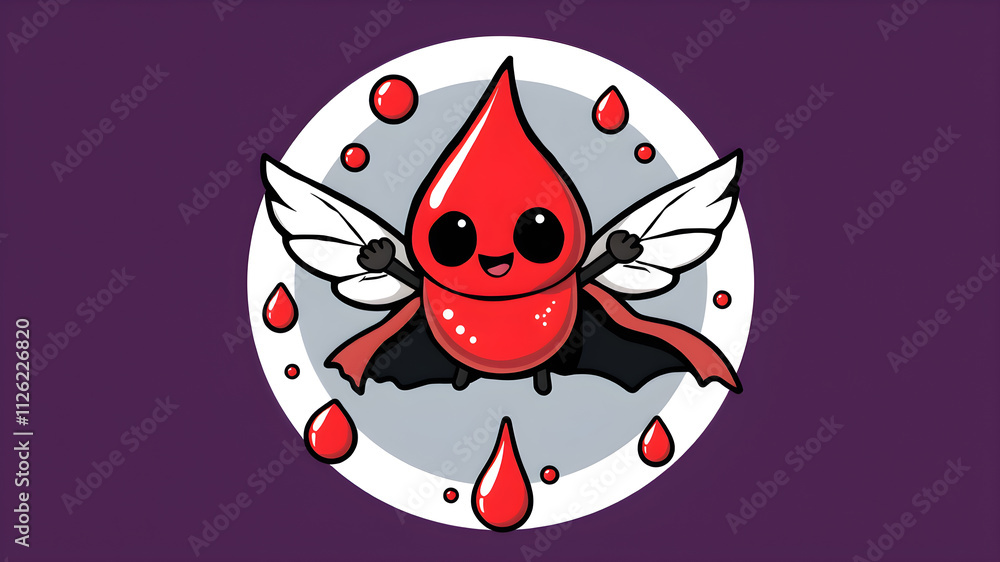 the cute blood drop character as a flying superhero , cute style design for t shirt, sticker, logo element. Generative AI
