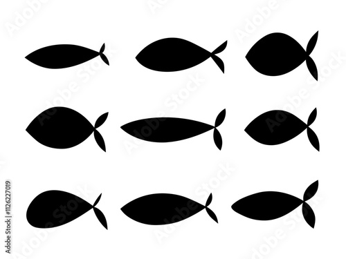 The black silhouette of different fish is hand-drawn in isolation on a white background, vector, doodle. Collection of marine inhabitants for design, flat design. A set of graphic icons