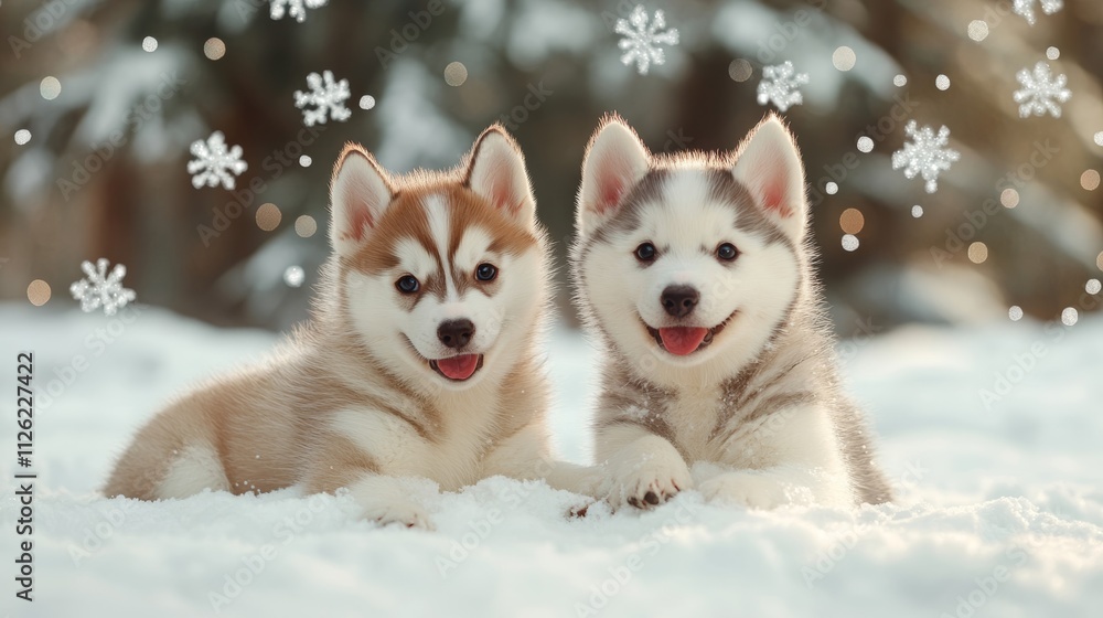 A festive National Puppy Day image with a pair of fluffy husky puppies playing in the snow, surrounded by paw print decorations and sparkling snowflakes A festive National Puppy Day image with a pair of fluffy husky puppies playing in the snow, surrounded by paw print decorations and sparkling snowflakes