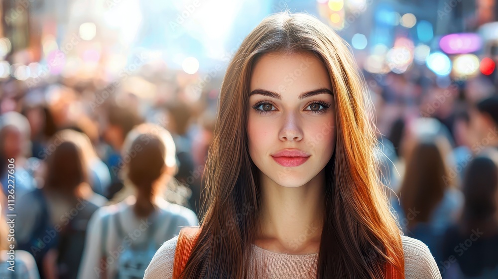 A young woman stands out in a bustling urban crowd, illuminated by bright lights, exuding confidence and beauty. A young woman stands out in a bustling urban crowd, illuminated by bright lights, exuding confidence and beauty.
