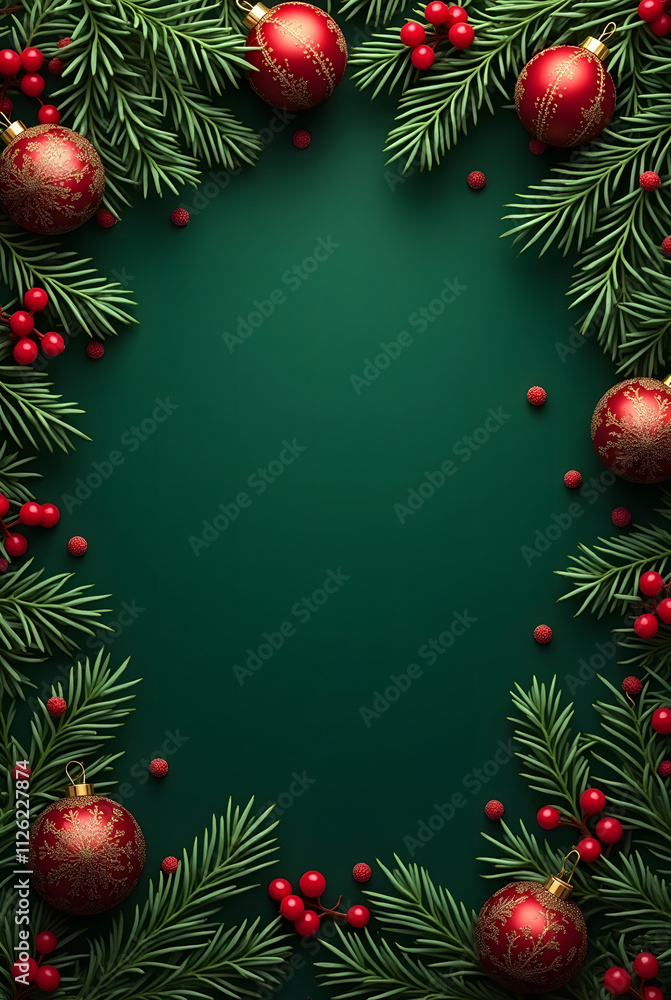 Festive decorations with pine branches, toys and holly berries on a dark green background. Festive decorations with pine branches, toys and holly berries on a dark green background.
