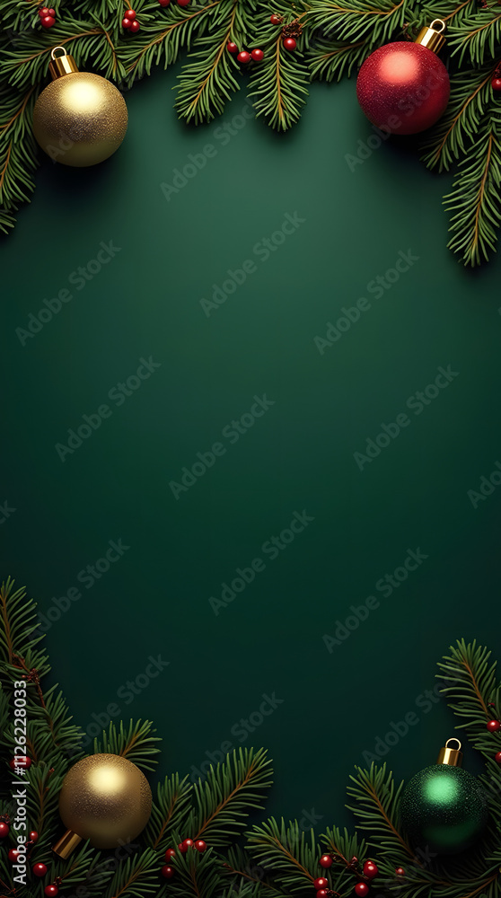 Festive decorations with pine branches, toys and holly berries on a dark green background. Festive decorations with pine branches, toys and holly berries on a dark green background.
