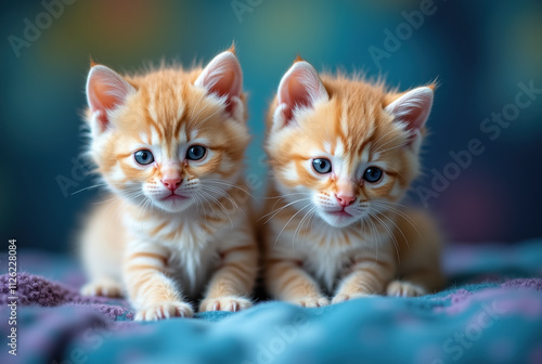 Two orange kittens sitting on a soft surface