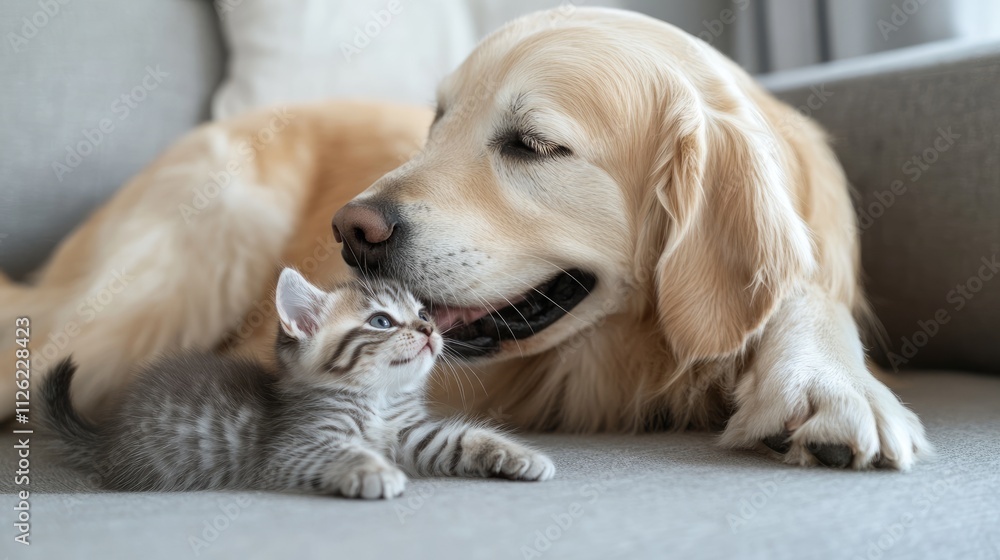 Golden Retriever and Kitten Sharing a Moment of Affection Golden Retriever and Kitten Sharing a Moment of Affection