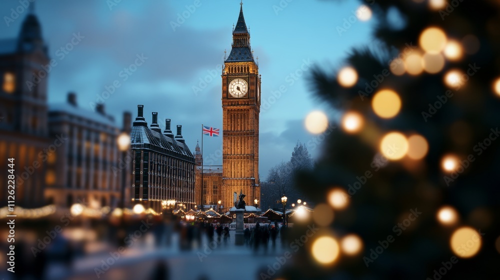 Fototapeta premium A grand Christmas celebration in London, with Big Ben glowing in the distance, snowy streets, and Christmas lights strung across the bustling markets of Covent Garden 