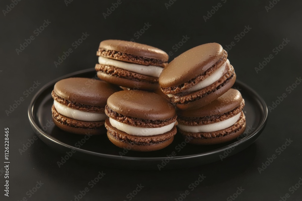 Plate of chocolate and white pastries. The plate is black and the pastries are brown Plate of chocolate and white pastries. The plate is black and the pastries are brown