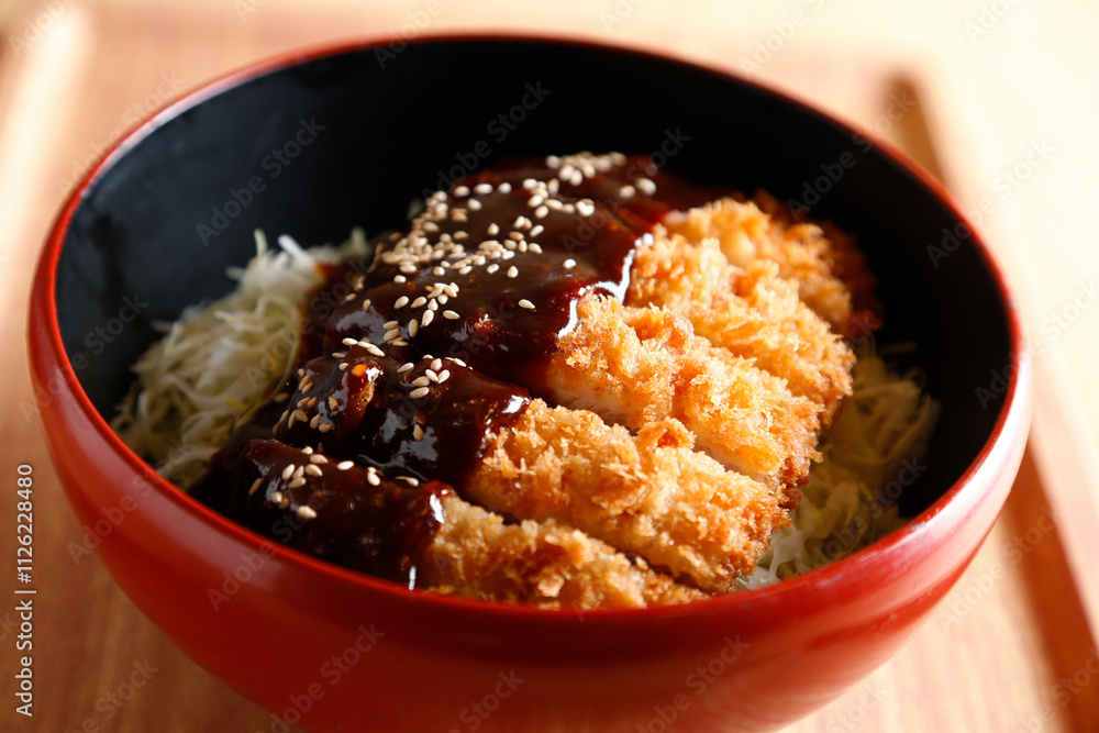 Donburi Bowl of Rice Topped with Pork Cutlet and Worcestershire Sauce Donburi Bowl of Rice Topped with Pork Cutlet and Worcestershire Sauce
