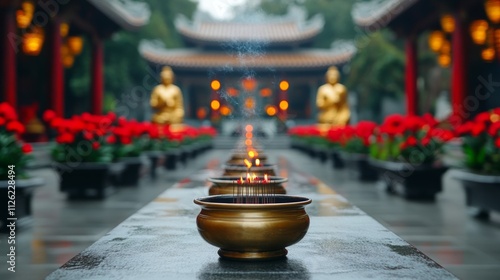 A grand Tết celebration in a Vietnamese temple, with visitors lighting incense, large golden statues, and a courtyard filled with red and gold decorations  photo