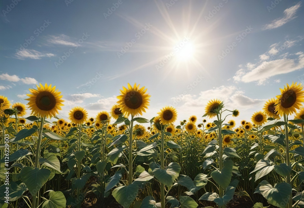 Fototapeta premium A field of sunflowers stretching towards the sky on a sunny summer day, their tall stalks swaying gently in the breeze , stretch, sunflowers, field