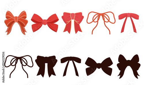 Vector educational game for kids. Match red bows with their correct shadows. Festive educational template. Fun activity for children to improve visual perception and cognitive skills.