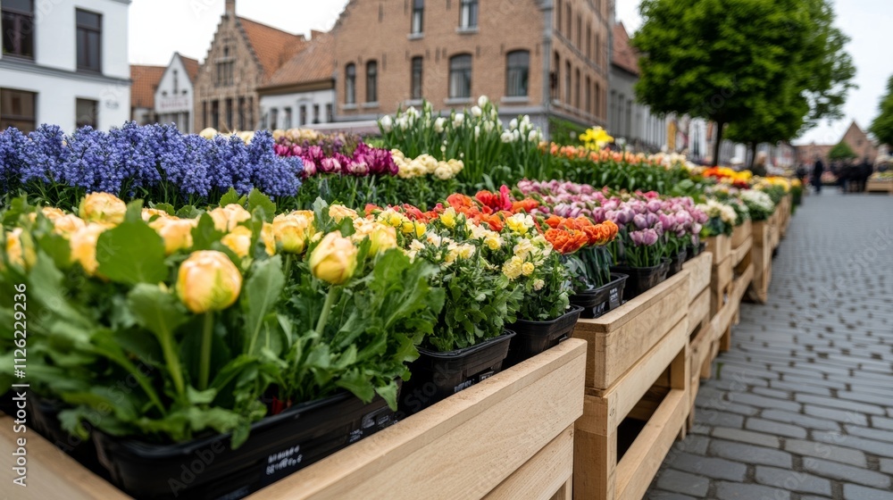 Fototapeta premium A lively spring market in Bruges, Belgium, with wooden stalls selling fresh flowers, artisanal goods, and pastries, surrounded by medieval buildings and blooming trees
