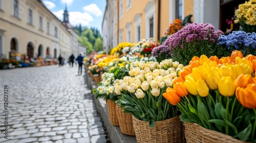 A lively Easter market along a cobblestone street, with vendors offering colorful Easter baskets, fresh breads, and flower bouquets under sunny skies