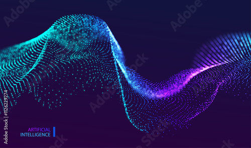 Abstract particle background. Sound wave with flowing dotted landscape. Big data ai connect structure. Grid mesh futuristic style. Pattern point vector technology.