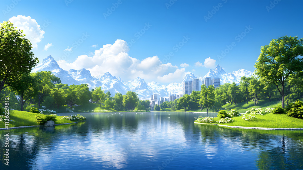 Obraz premium A serene landscape featuring a clear lake surrounded by lush greenery, mountains, and a distant city skyline under a bright blue sky
