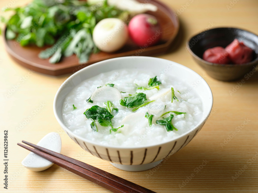 Rice gruel with seven herbs and pickled plums Rice gruel with seven herbs and pickled plums