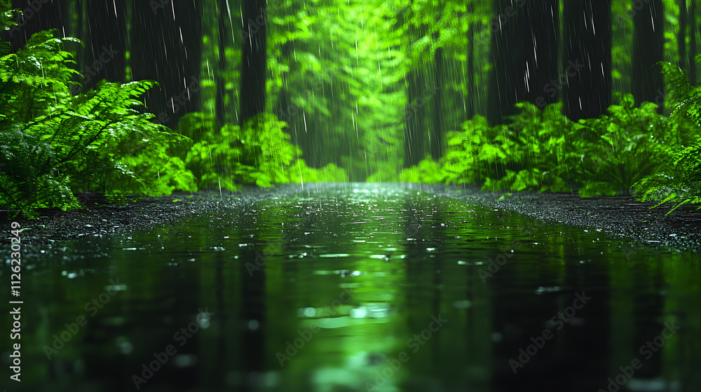 Obraz premium A tranquil forest scene featuring a rain-soaked path surrounded by vibrant greenery and reflective puddles, evoking a serene, lush atmosphere
