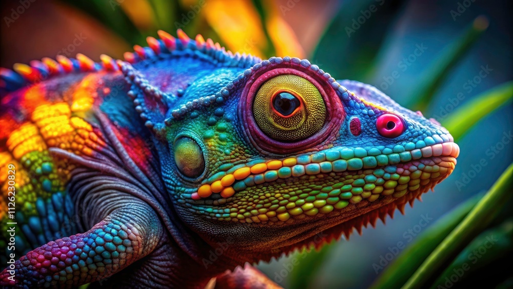 Obraz premium Rainbow Chameleon: Vivid Colors, Reptile, Lizard, Animal, Nature, Wildlife, Photography, Stock Photo, High Resolution, Colorful, Exotic, Tropical, Scales