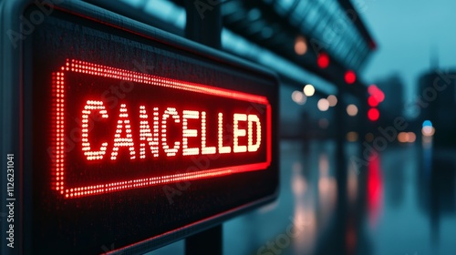 A minimalist flight cancellation graphic with a bold red CANCELLED stamp overlaid on a glowing departure board, framed by subtle storm icons  photo