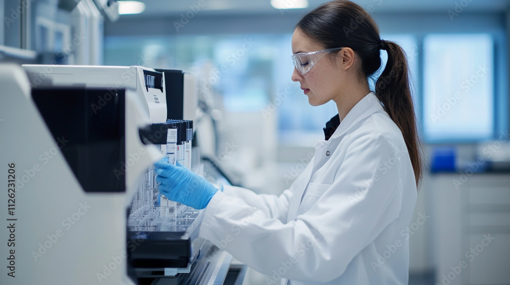 Female Scientist in Laboratory Coat Conducting Research with Advanced Equipment in Modern Laboratory Environment in Focused Work Setting Female Scientist in Laboratory Coat Conducting Research with Advanced Equipment in Modern Laboratory Environment in Focused Work Setting