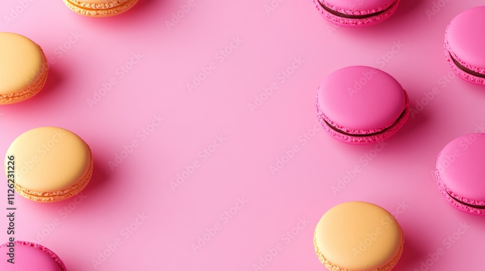 Obraz premium Pink and yellow macaron with a pink and yellow center. The macarons are arranged in a row on a pink background