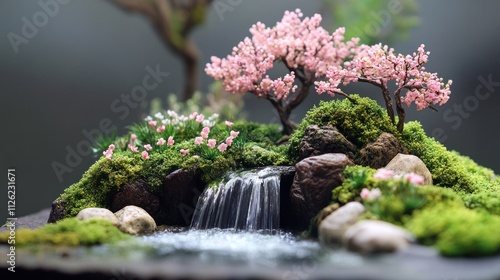 Miniature Zen Garden: Serene Waterfall and Cherry Blossoms photo