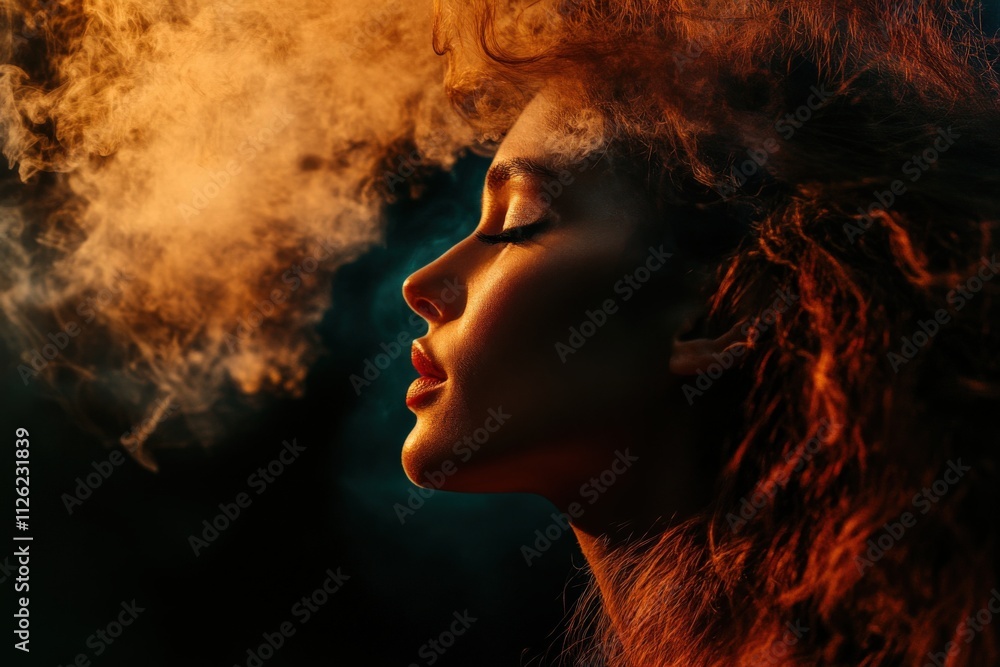 woman with curly hair surrounded by smoke in dramatic lighting woman with curly hair surrounded by smoke in dramatic lighting