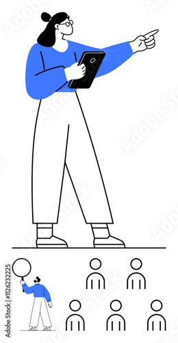 Woman holding a tablet and pointing forward, instructing a group of people below. Ideal for leadership, education, guidance, instruction, teamwork, management, training. Line metaphor