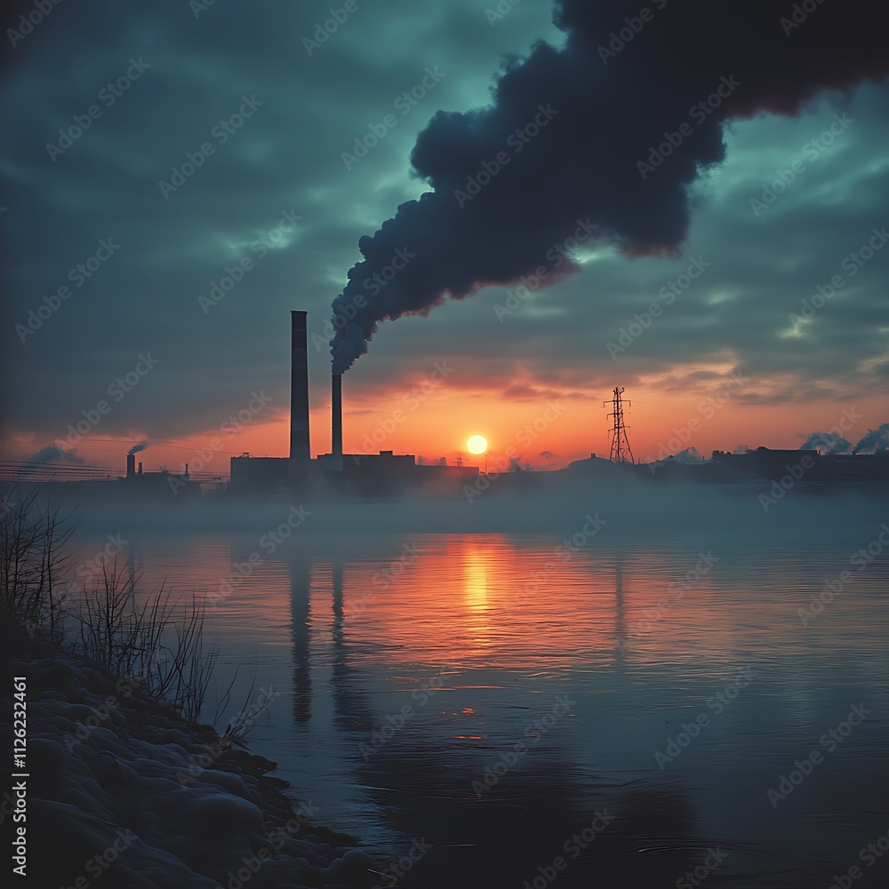 Industrial Sunset Foggy River Reflects Pollution and the Setting Sun. Industrial Sunset Foggy River Reflects Pollution and the Setting Sun.