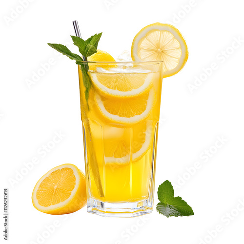 Refreshing summer lemonade isolated in transparent glass vibrant indoor setting bright colors close-up perspective
