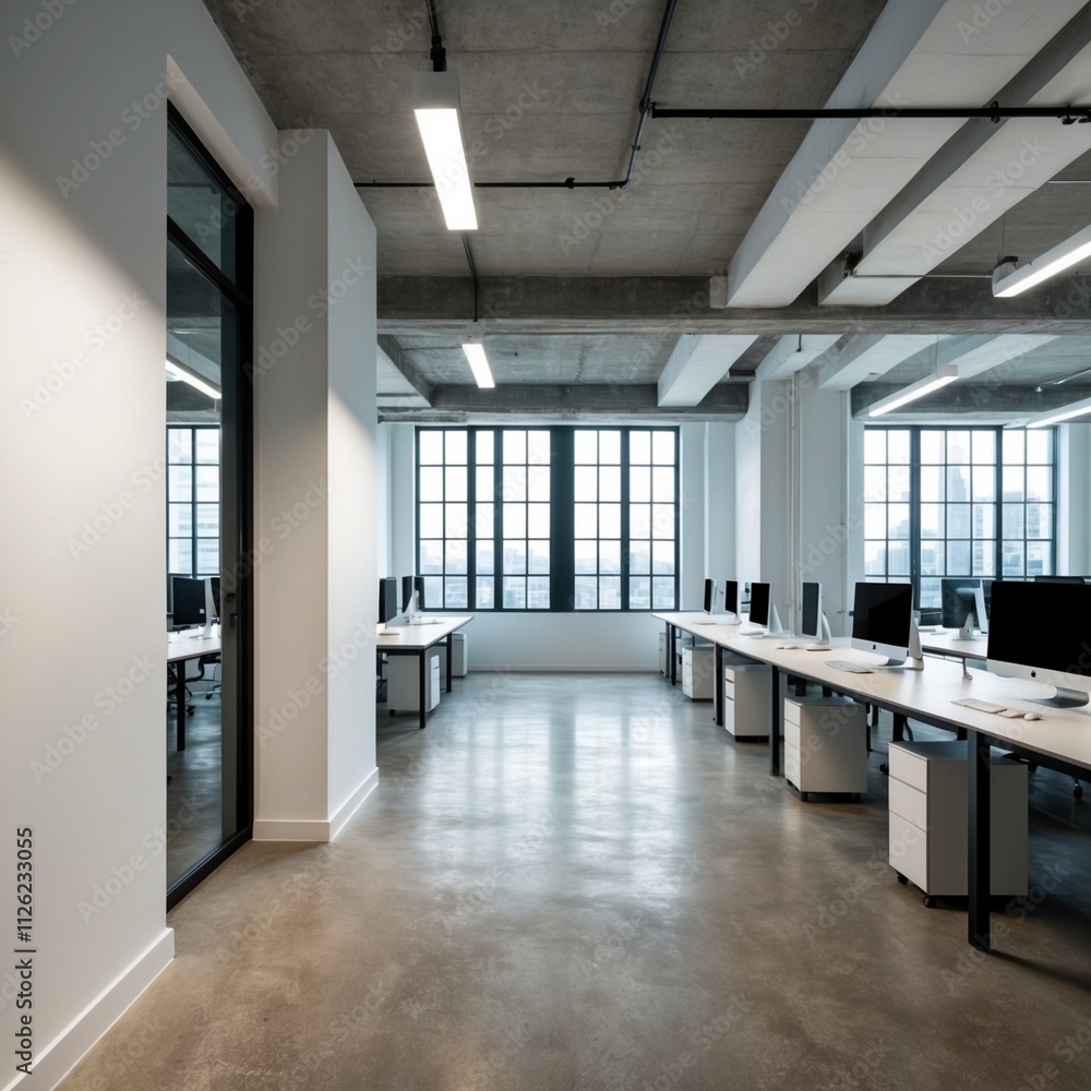 An empty, contemporary office corridor with large windows and a glass ceiling-Generated AI An empty, contemporary office corridor with large windows and a glass ceiling-Generated AI