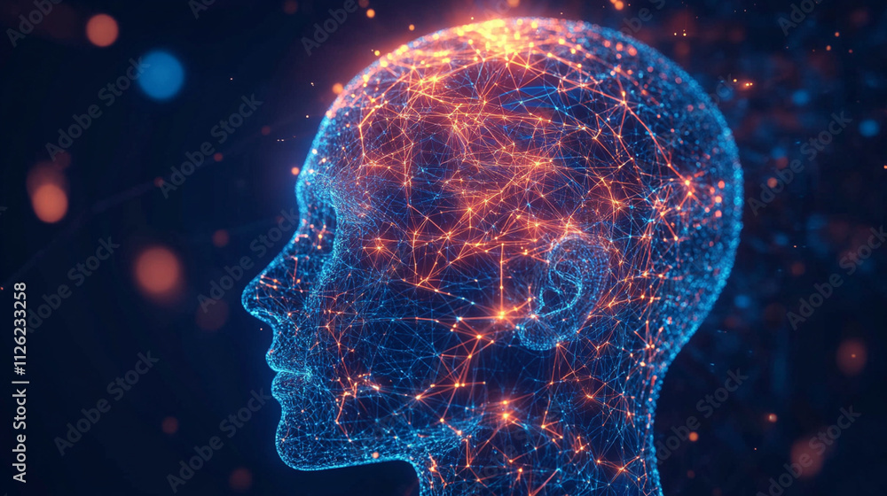 Abstract Digital Human Head with Neon Lights and Connected Nodes Representing Artificial Intelligence and Neural Network Concepts Abstract Digital Human Head with Neon Lights and Connected Nodes Representing Artificial Intelligence and Neural Network Concepts
