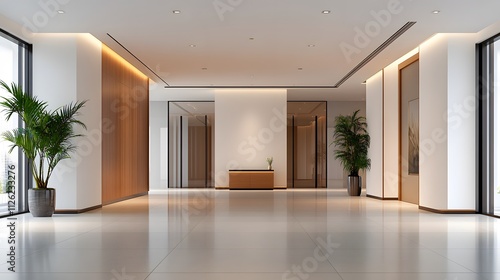 3D rendered modern business atrium with open space, intricate lighting, and glossy flooring