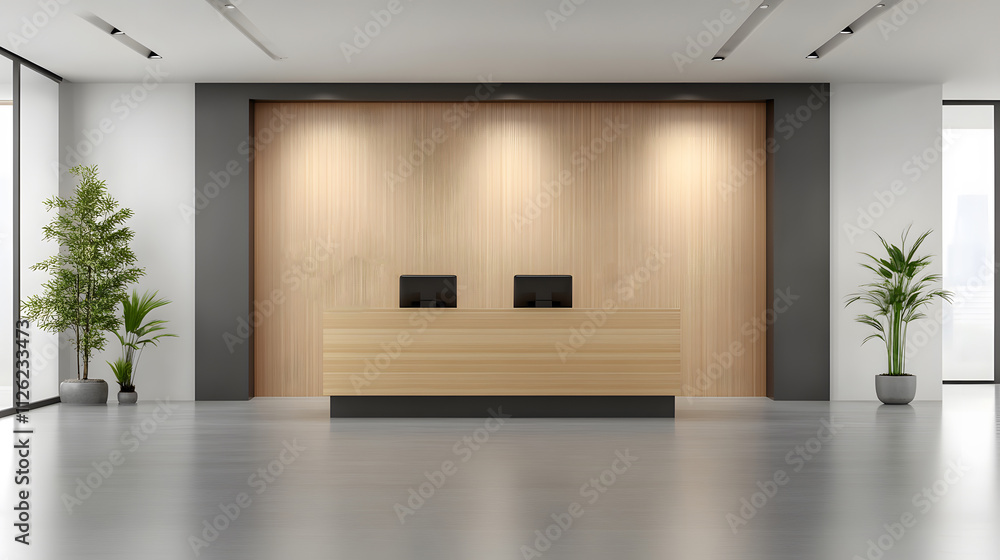 Fototapeta premium 3D rendered modern corporate workspace with open-plan interiors, natural light, and shiny floors