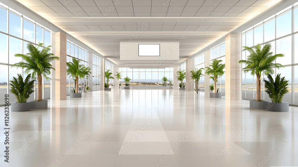 3D rendered futuristic airport terminal hall with bright lighting, open space, and shiny floors 3D rendered futuristic airport terminal hall with bright lighting, open space, and shiny floors