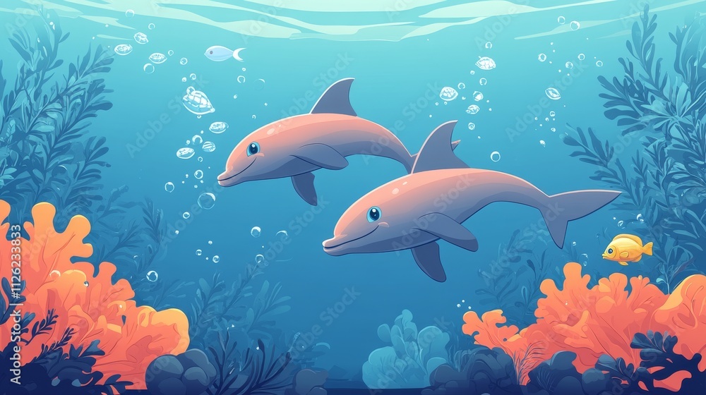 Obraz premium Colorful Vector Illustration of Dolphins Swimming in Underwater Scene