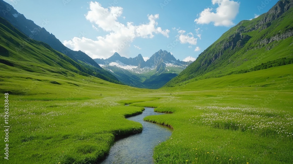 Naklejka premium A scenic spring trail in the French Alps, with snow melting off peaks, green valleys filled with wildflowers, and crystal-clear streams winding through the landscape 