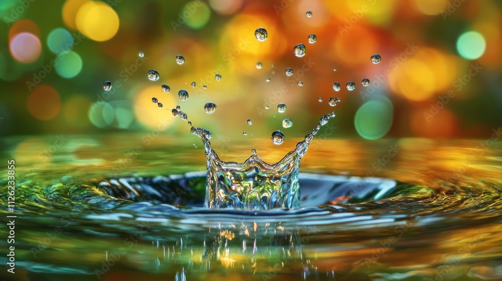 Vibrant Water Drop Splash with Colorful Bokeh Background