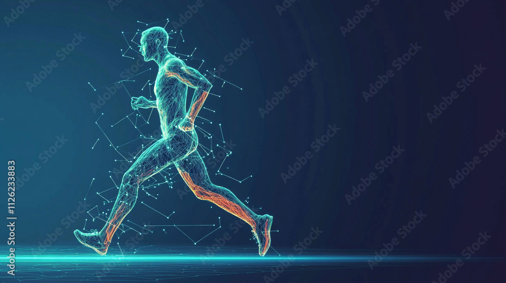 Futuristic Digital Illustration of a Human Runner in Motion with Light Trails on a Dark Background Representing Sport and Technology Integration Futuristic Digital Illustration of a Human Runner in Motion with Light Trails on a Dark Background Representing Sport and Technology Integration