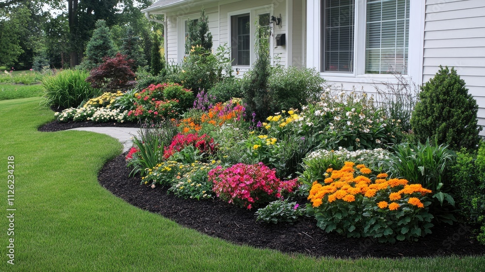 the front yard with green grass in springtime. The house is white with gray trim and features colorful flowers like red Japanese maple trees, yellow hydrangeas the front yard with green grass in springtime. The house is white with gray trim and features colorful flowers like red Japanese maple trees, yellow hydrangeas