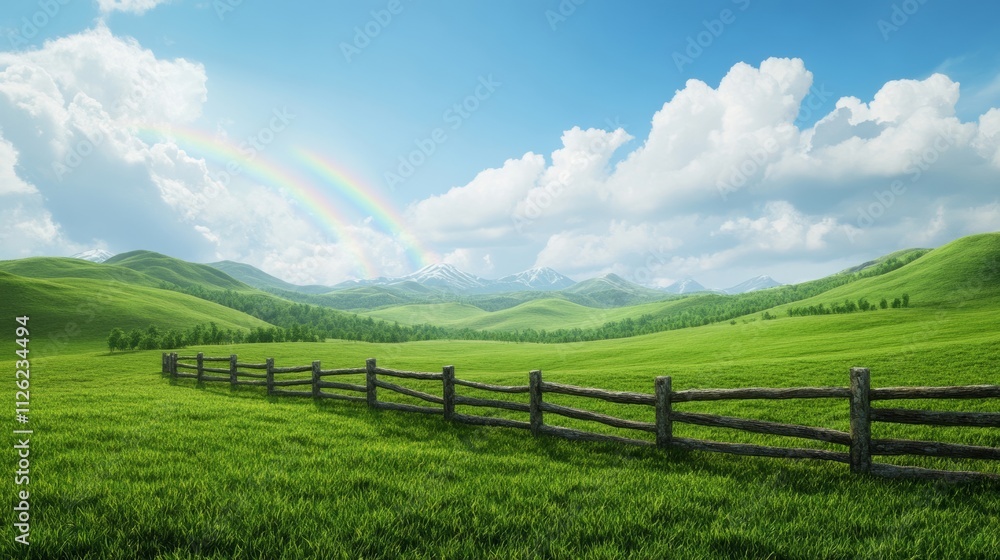 A serene St Patrick’s Day countryside scene with rolling green hills, a rainbow arching over the landscape, and a stone fence adorned with shamrocks A serene St Patrick’s Day countryside scene with rolling green hills, a rainbow arching over the landscape, and a stone fence adorned with shamrocks
