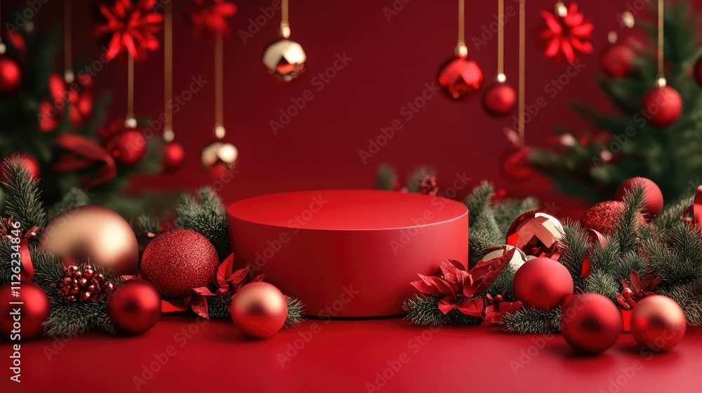 A festive 3D-rendered red podium surrounded by colorful ornaments and holiday decor, glowing with seasonal cheer A festive 3D-rendered red podium surrounded by colorful ornaments and holiday decor, glowing with seasonal cheer