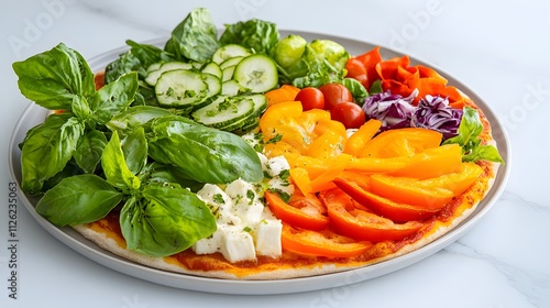 Vibrant vegetable pizza creation home kitchen culinary photography bright environment top-down view healthy eating concept