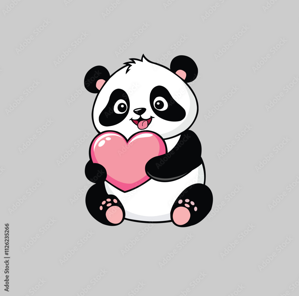Naklejka premium design greeting card for valentine's day. cute little panda. heart. gray background. black and white bear. vector. illustration 