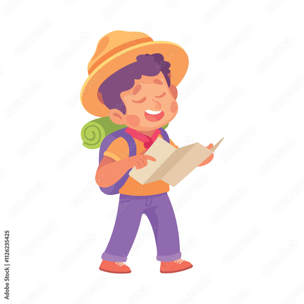 Boy Scout Character in Hat and Backpack Walking with Map Vector Illustration Boy Scout Character in Hat and Backpack Walking with Map Vector Illustration