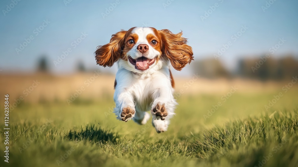 Happy Cavalier King Charles Spaniel Running in Field Happy Cavalier King Charles Spaniel Running in Field
