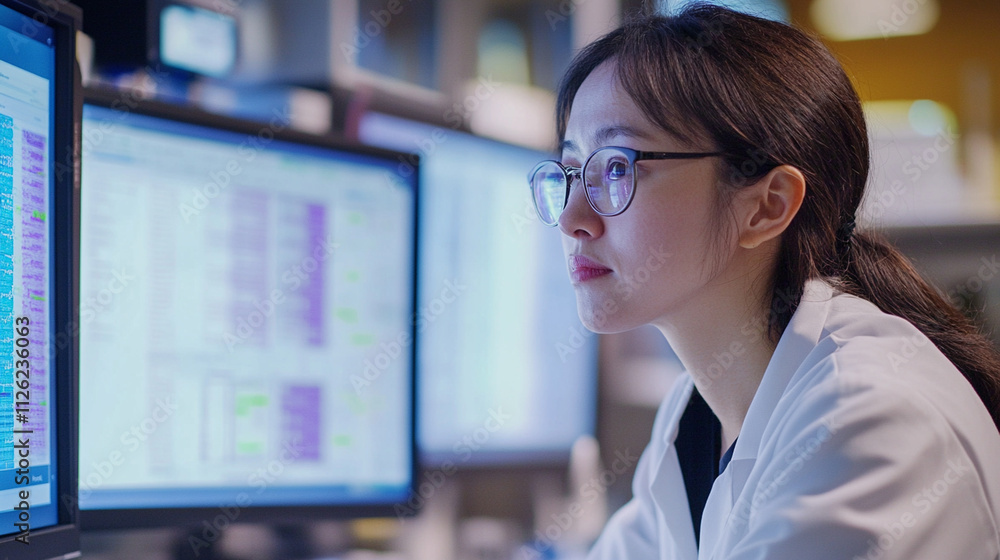 Young female scientist examining data on computer screen in laboratory environment, focused and dedicated to research and analysis for scientific discovery Young female scientist examining data on computer screen in laboratory environment, focused and dedicated to research and analysis for scientific discovery