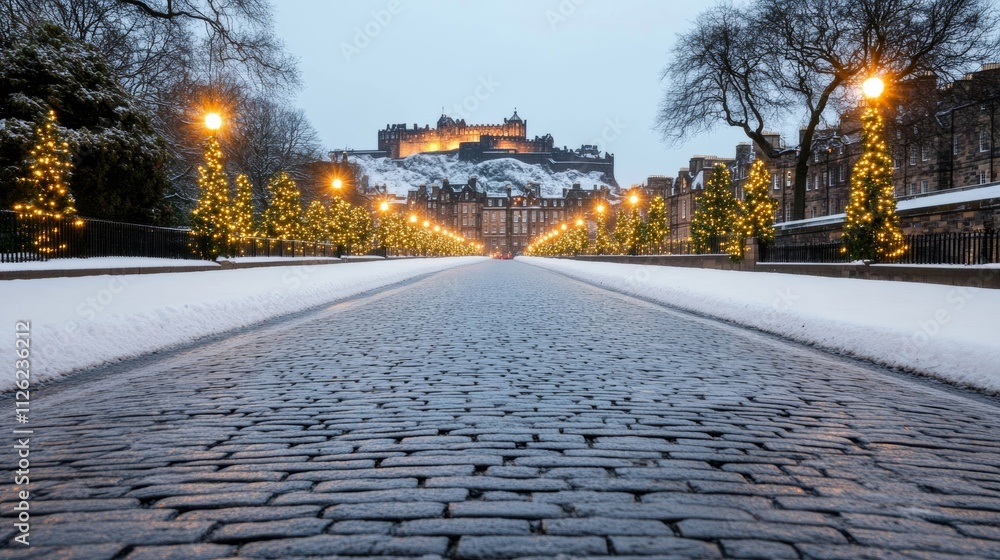 A tranquil Christmas moment in Edinburgh, with the castle lit up on the hill, festive decorations along the Royal Mile, and snow-covered cobblestone streets below A tranquil Christmas moment in Edinburgh, with the castle lit up on the hill, festive decorations along the Royal Mile, and snow-covered cobblestone streets below
