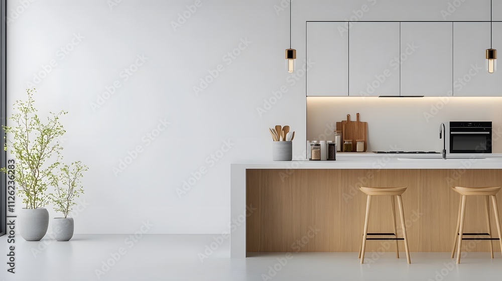 Fototapeta premium Modern elegant kitchen, glass-front cabinets, organized layout, 3D isometric view on white background