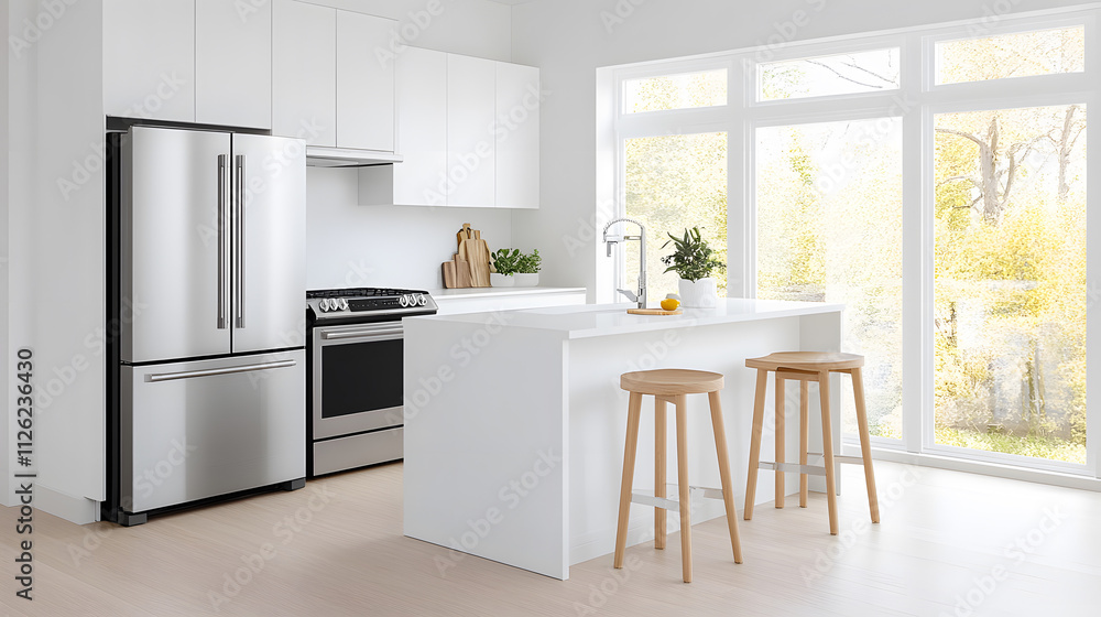 Elegant cooking area with glass-front cabinetry, 3D isometric rendering, white background Elegant cooking area with glass-front cabinetry, 3D isometric rendering, white background