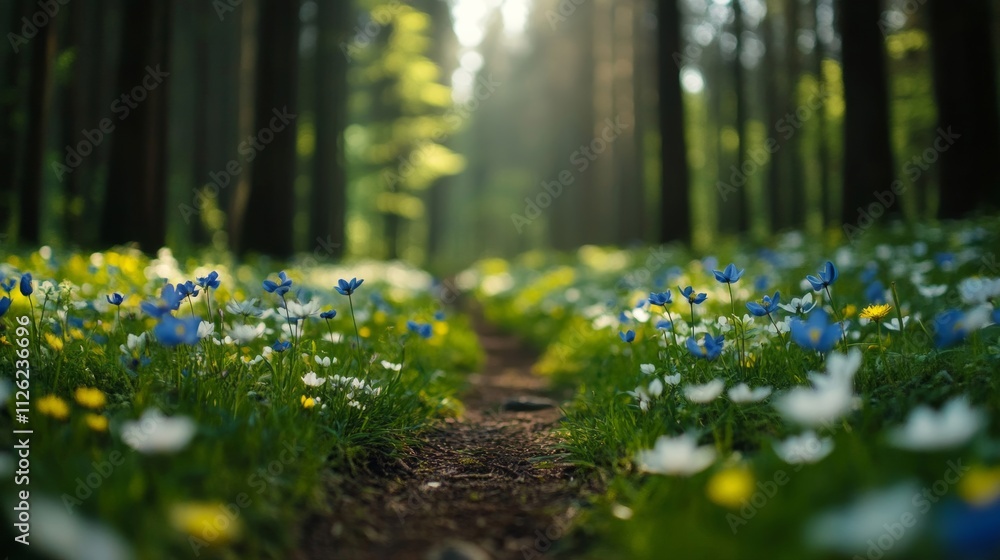 Fototapeta premium A tranquil spring forest in the Black Forest, Germany, with trails winding through blooming wildflowers, bright green leaves, and warm golden light filtering through the trees 
